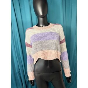 Luv Lane Chenille Striped Cropped Sweater Purple Pink Grey Small